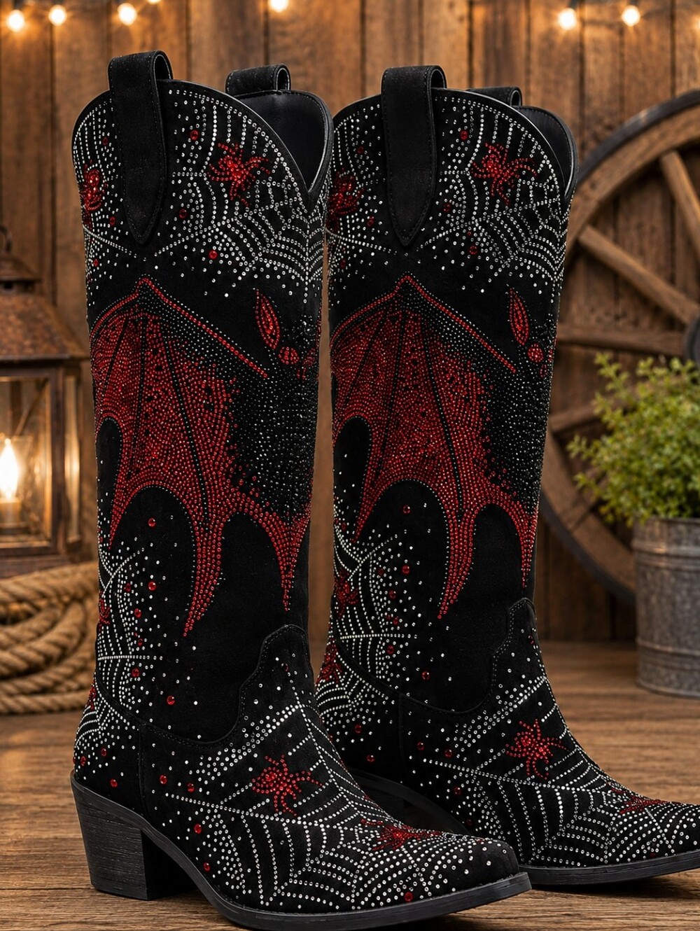 Black & Red Rhinestone Bat-Embellished Western Boots.